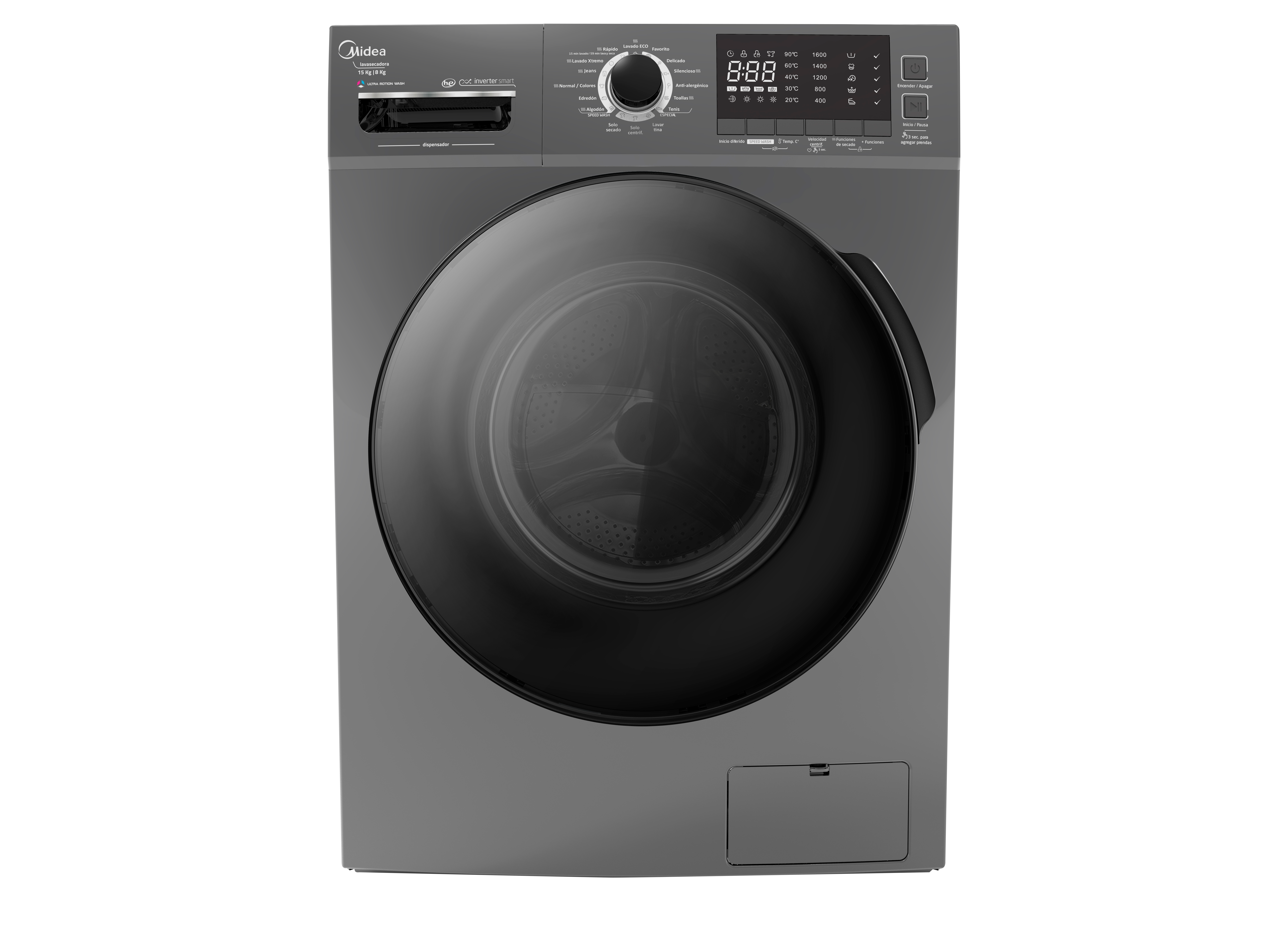 Midea lavasecadora carga frontal gris ultra motion alta eficiencia 15Kg MF200D150WB/T-CA